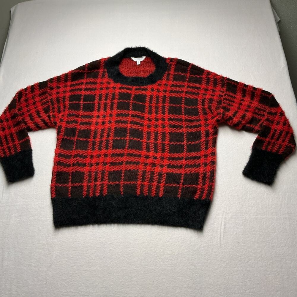 Time and Tru Plaid Softest Fuzz Sweater Womens 2X (20) Red Black Winter Cozy3711